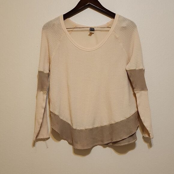 - Free people, cream and tan color block waffle knit, formal sweatshirt me… - Picture 1 of 8